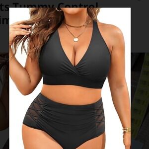 Yonique Womens Black High Waisted Bikini Set Lattice Side Ruched Two Piece NEW